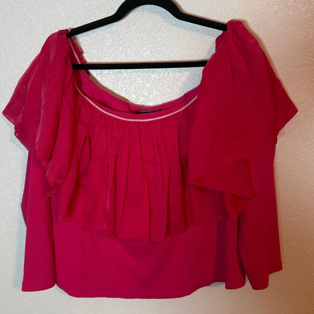 Anthropologie Pink Off Shoulder Ruffle Ribbed Top Size 2X NWT